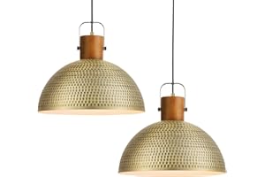 ELYONA 2 Pack Large Hammered Pendant Light Fixtures, 16 Inch Ash Wood Vintage Dome Hanging Lamp, Antique Gold Mid Century Pendant Lighting for Kitchen Island, Farmhouse, Dining Room, Brushed Brass