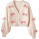 SHENHE Girl's Bow Button Down Knitted Cardigan V Neck Loose Cute Crop Sweater Outwear