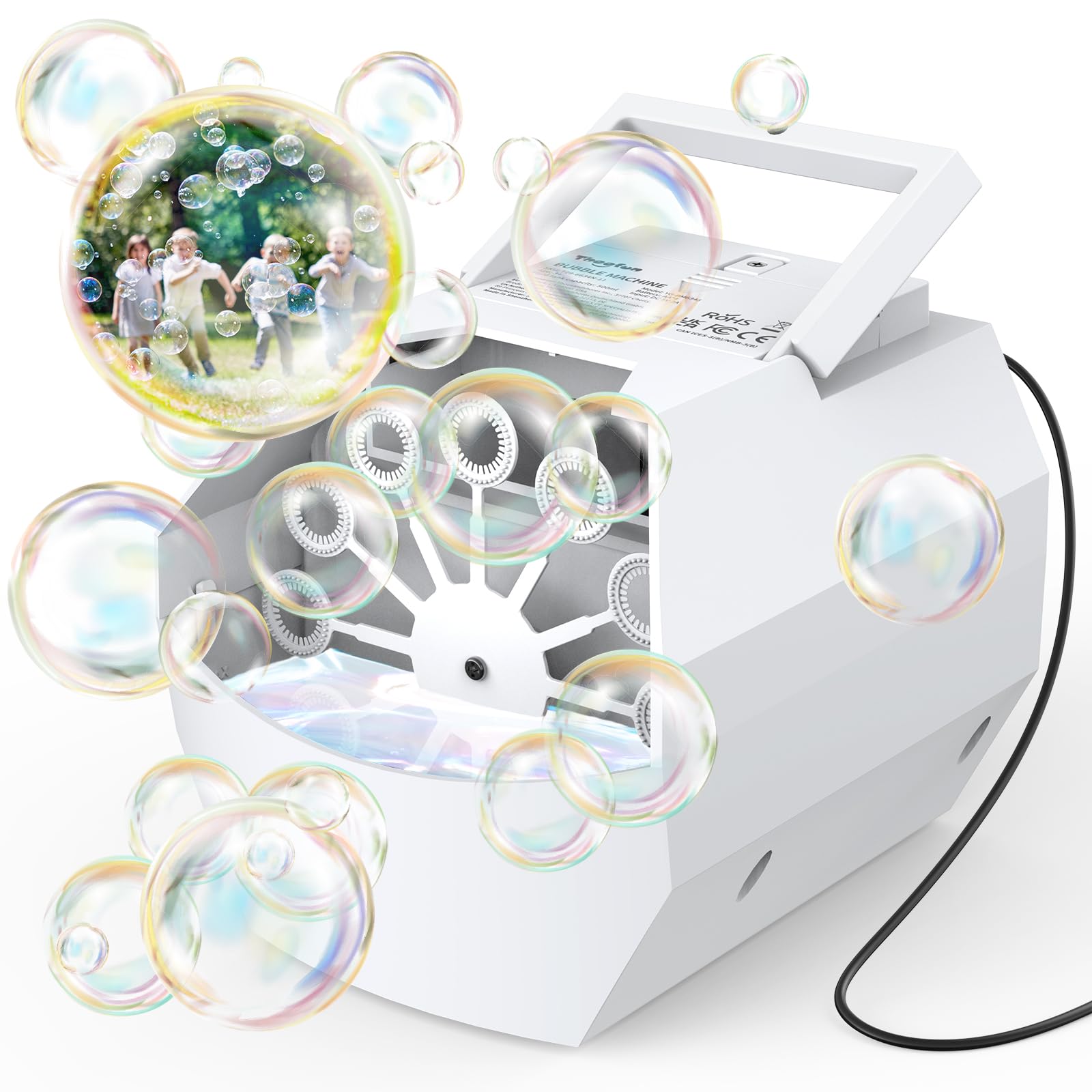 Theefun Bubble Machine, 500mL Automatic Bubble Blower, Portable Bubble Maker Electric Bubble Toy for Boys Girls Outdoor Indoor Parties Weddings Birthday, Powered by USB or Batteries (White)