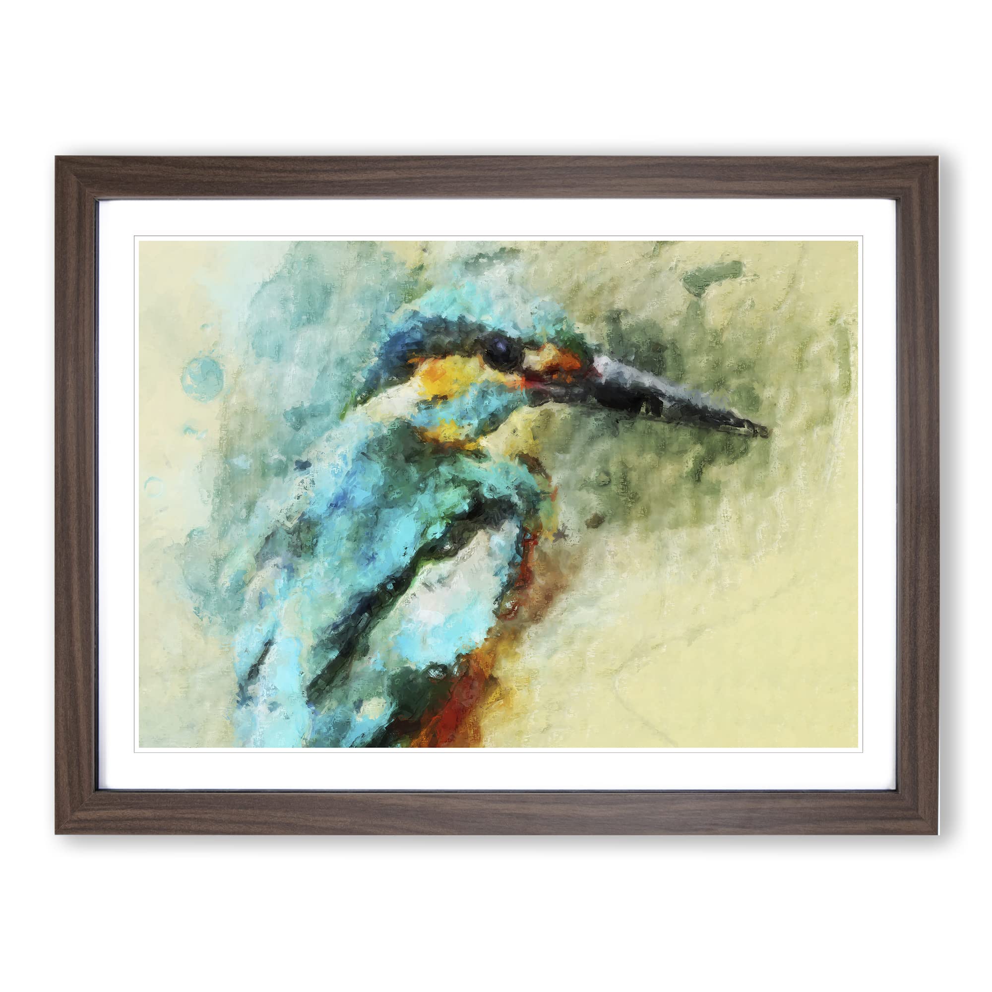 Kingfisher Illustration In Abstract Modern Art Framed Wall Art Print, Ready to Hang Picture for Living Room Bedroom Home Office Décor, Walnut A4 (34 x 25 cm)