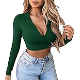 Artfish Women's Long Sleeve Quarter Zip Crop Tops Fleece Lined V Neck Fitted Sexy Cropped Shirts