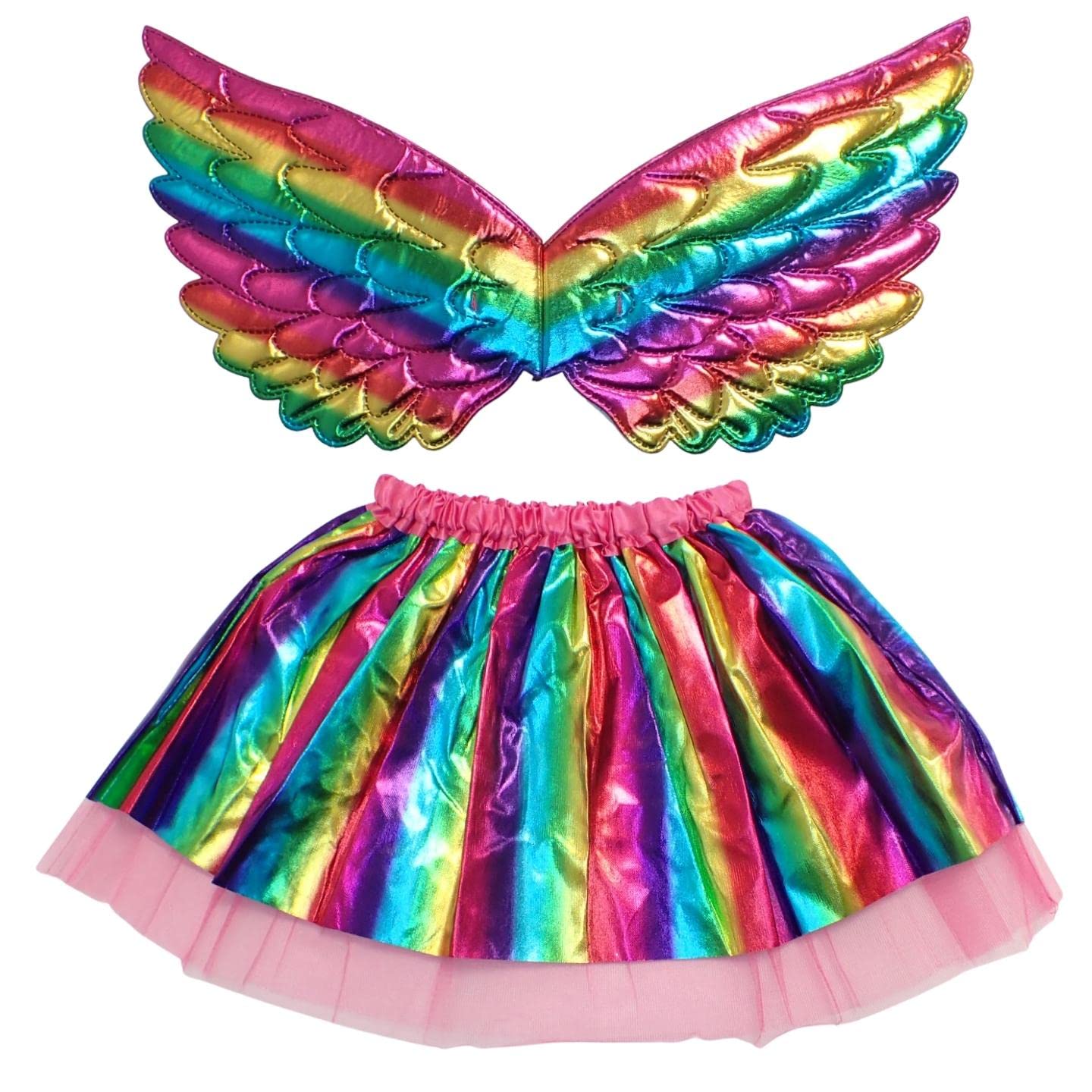 Topkids Accessories Rainbow Fairy Angel Set, Tutu Wings Set for Halloween for Girls, Ladies Rainbow Fairy Costume, Fancy Magic Kids Wings & Tutu Skirt, Skirts & Wings (Metallic Rainbow Set - Kids)