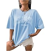 SOLY HUX Women's Graphic Tees Letter Print Half Sleeve Drop Shoulder Oversized T Shirt Loose Casual Tops
