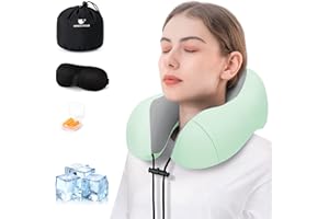 urnexttour Travel Pillow for Airplane Memory Foam Neck Pillow, Soft & Support Travel Pillow for Travelling with Eye Mask, Earplugs and Storage Bag, Sleeping Rest, Car, Train and Home Use Cooling, Sage