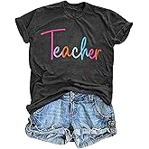 Teacher T-Shirt Women: Funny School Teaching Life Shirts Teach Letter Print Tee Teacher Embroidery Casual Short Sleeve Tops