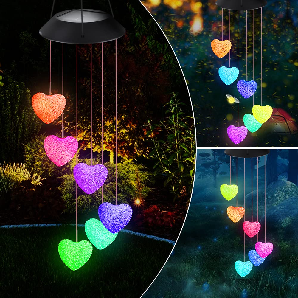 Solar Wind Chimes Solar Heart Wind Chime Fohil Outdoor Color Changing Solar Wind Spinner Decorative Light for Patio Yard Garden Home Decor Best Gifts Mother's Day Valentine's Day