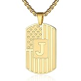 WINFY Initial A-Z Necklace for Men American Flag Dog Tag A-Z Pendant 316L Stainless Steel Chain 22+2 Inches Personalized Patriotic Jewelry for Men
