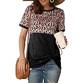 Bunanphy Womens Short/Long Sleeve Round Neck Leopard Color Block Side Twist Cute Blouse Tunic Top T Shirt
