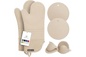 Rorecay Oven Mitts and Pot Holders Sets 6pcs, Extra Long Kitchen Silicone Oven Gloves High Heat Resistant 500 Degrees Non-Sli