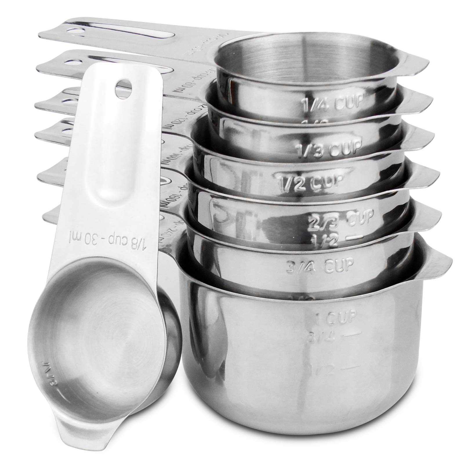 Set of 7 Heavy Duty Measuring Cups, 18/8 Stainless Steel with Ring Connector, Silver