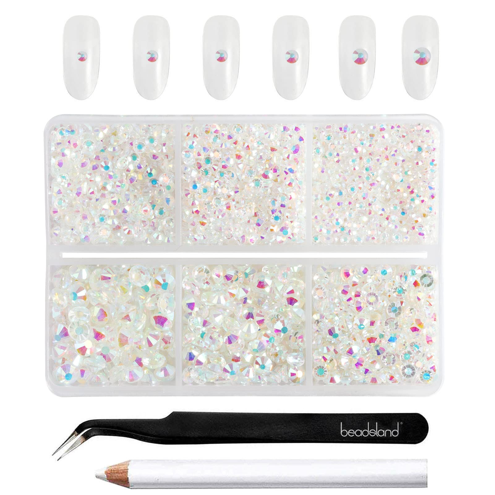 Beadsland 4300pcs Flatback Rhinestones,Transparent AB Rhinestones Nail Gems Round Crystal for Crafts,Mixed 6 Sizes with Picking Tweezers and Wax Pencil Kit, SS6-SS20,Transparent AB — image 1