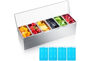 Boao 6 Slot Yakumi Pan Stainless Steel Condiment Tray Garnish Tray with 4 Ice Boxes Condiment Container with Lid for Christmas Party Hot Pot Sauce Station Bar Drink Topping Prep Station Supplies