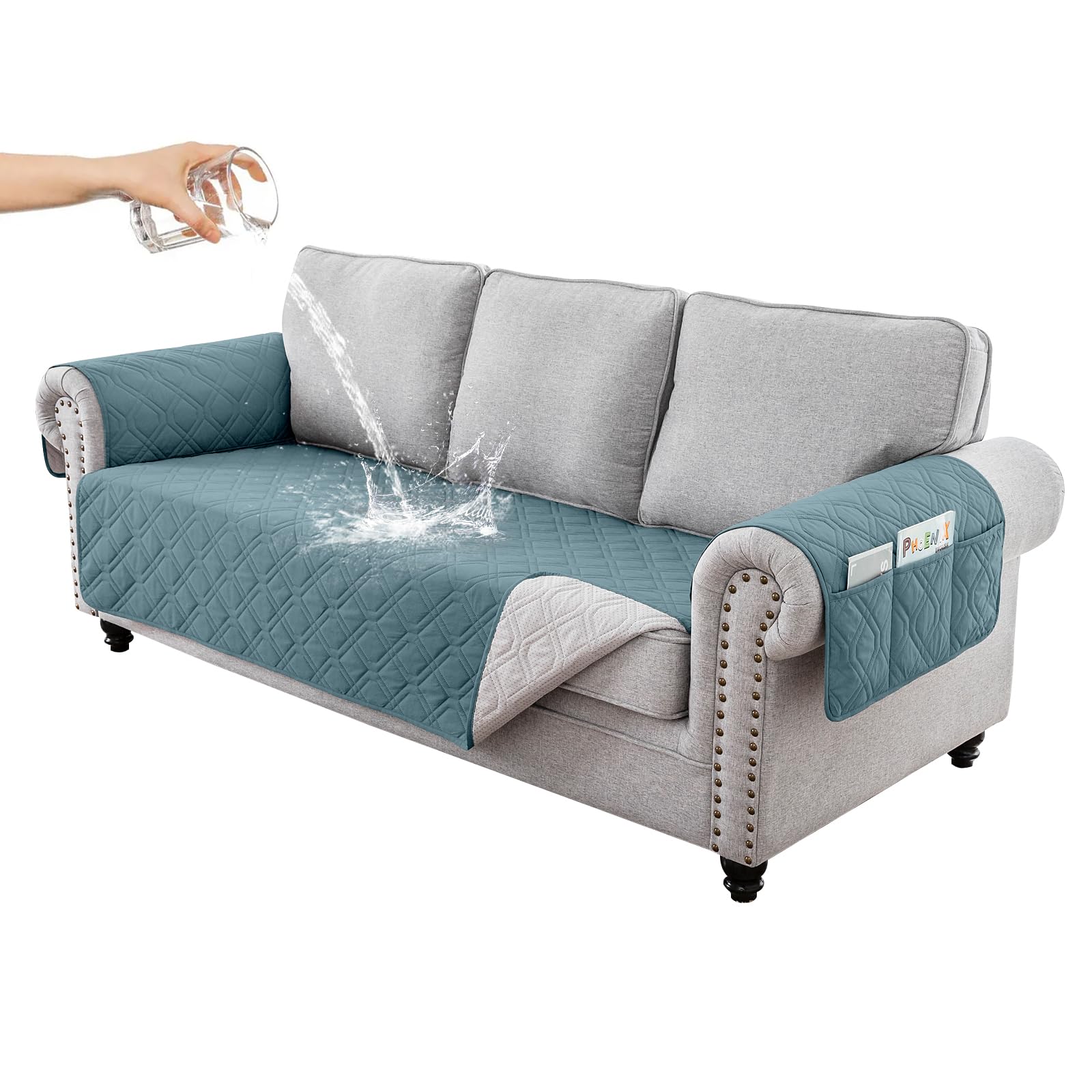 RAPRAP Sofa Cover 3 Seater 100% Waterproof Sofa Protector with Side Pockets for Kids, Pets, Dogs, Durable Non-Slip Three Seater Couch Covers, Washable,Gray Blue,3 Seater