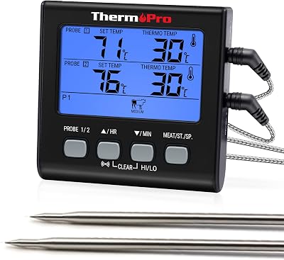 ThermoPro TP17B Digital Meat Thermometer Dual Probes Timer Backlit LCD