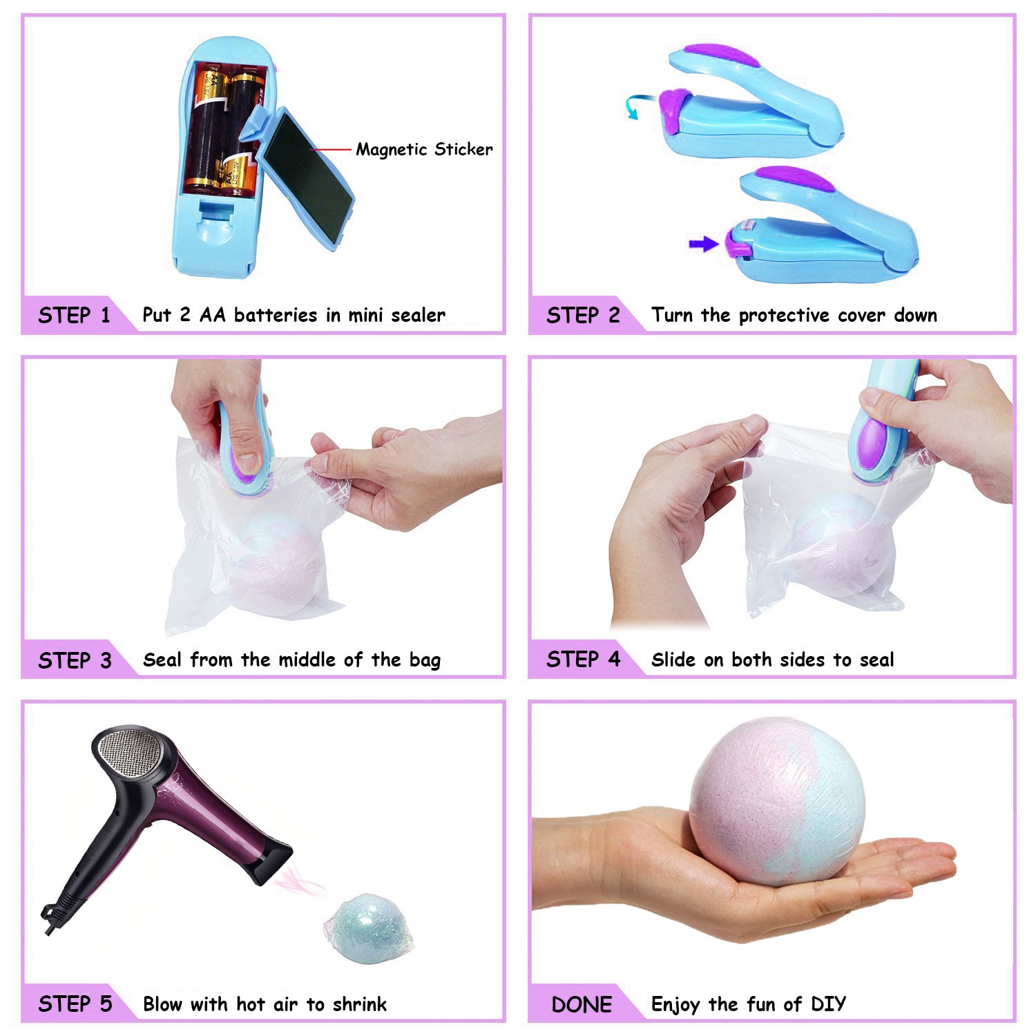 LAWOHO Metal Bath Bomb Mold DIY Handmade Soap Maker Kit Supplies 5 Set 10 Pieces with 100 Pieces Shrink Wrap Bags and 1 Pieces Mini Heat Sealer for Crafting your Own Fizzles