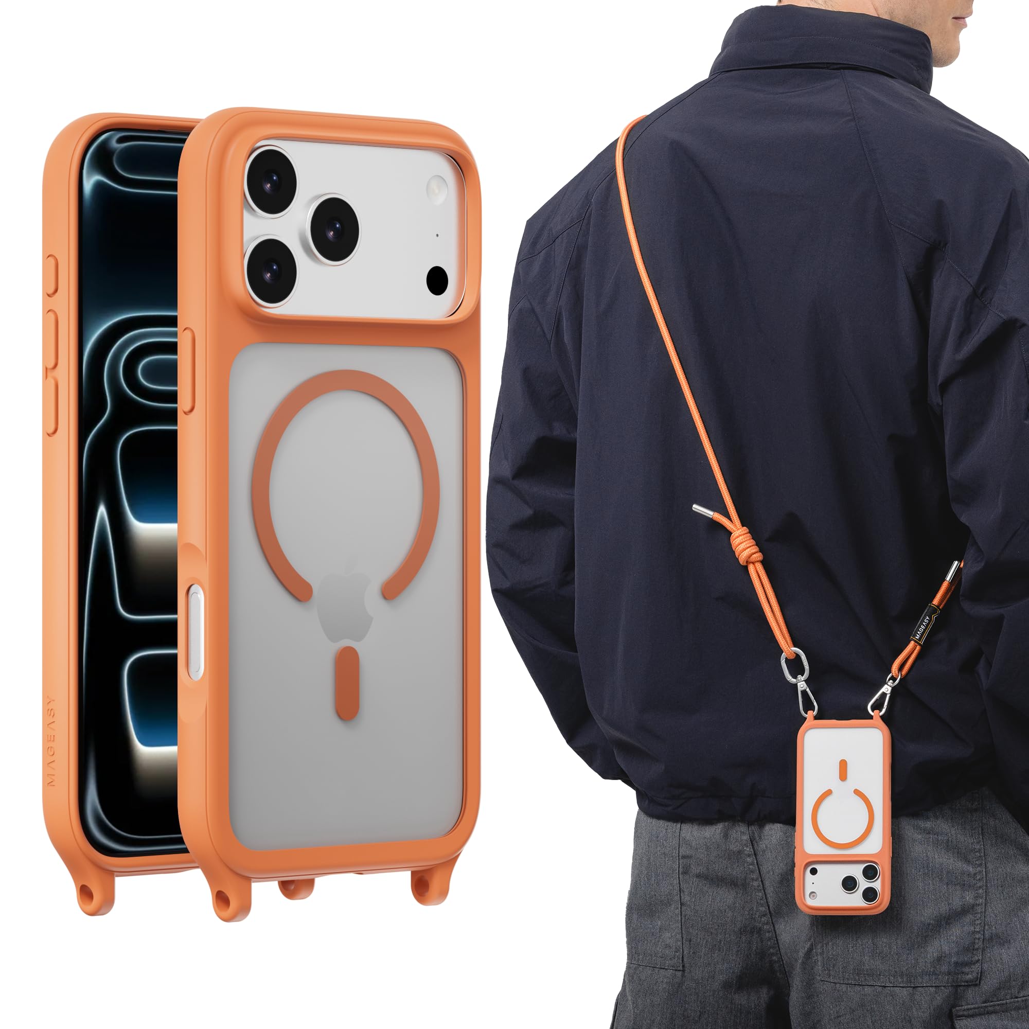 Photo 1 of MAGEASY Compatible with iPhone 17 Pro Max 6.9" Case with Crossbody Strap - 16ft Drop Protection, Compatible with MagSafe | Roam M (Coral)