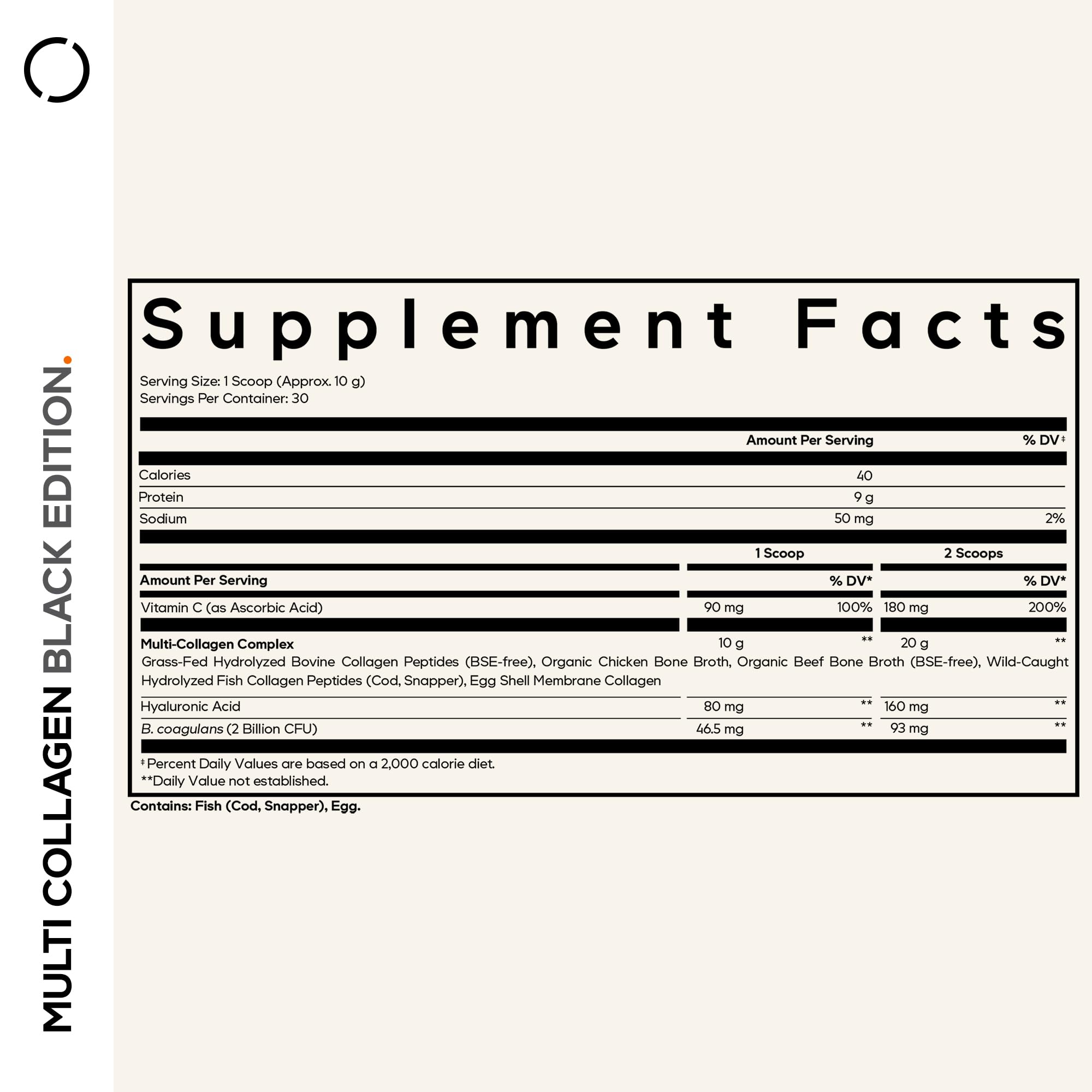 Codeage Multi Collagen Peptides Powder + Probiotics Black Edition, Vitamin C, Hyaluronic Acid Powder Supplement, Grass-Fed, Hydrolyzed, Zero Carbs, Type I, II, III, V & X, Unflavored, 10.58oz