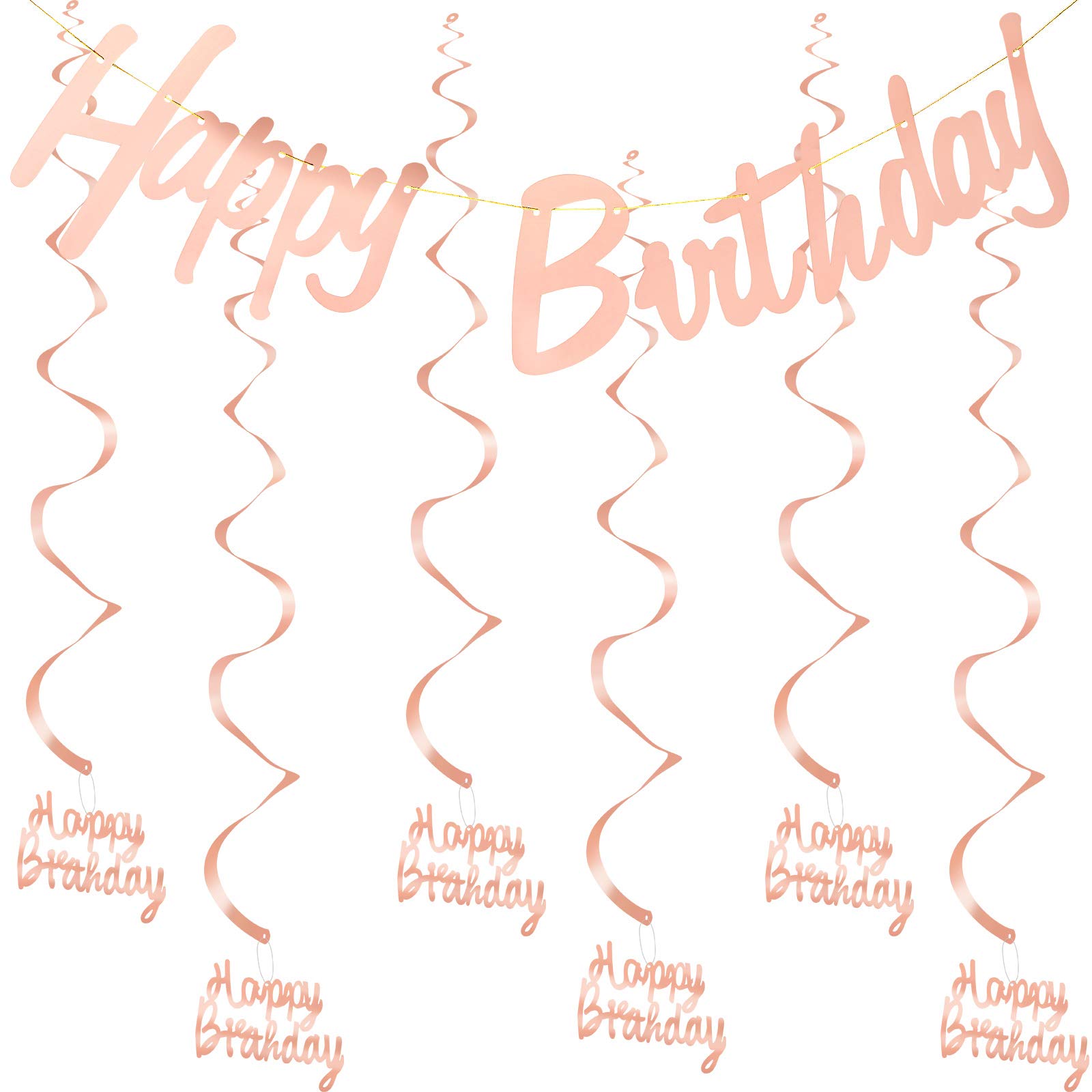 Happy Birthday Decorations Bunting Banner with 6 Pieces Hanging Swirl Happy Birthday Decorations Party Supplies for Women and Girls(Rose Gold)