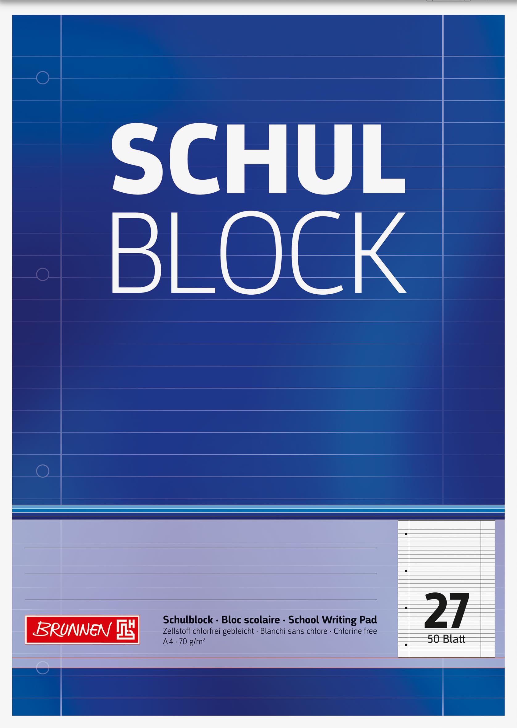 Brunnen 1052527 School Block/Notepad (A4, 50 Sheets, Lined, with margins, 27 Lines, Perforated, top glued, 70g/m²)