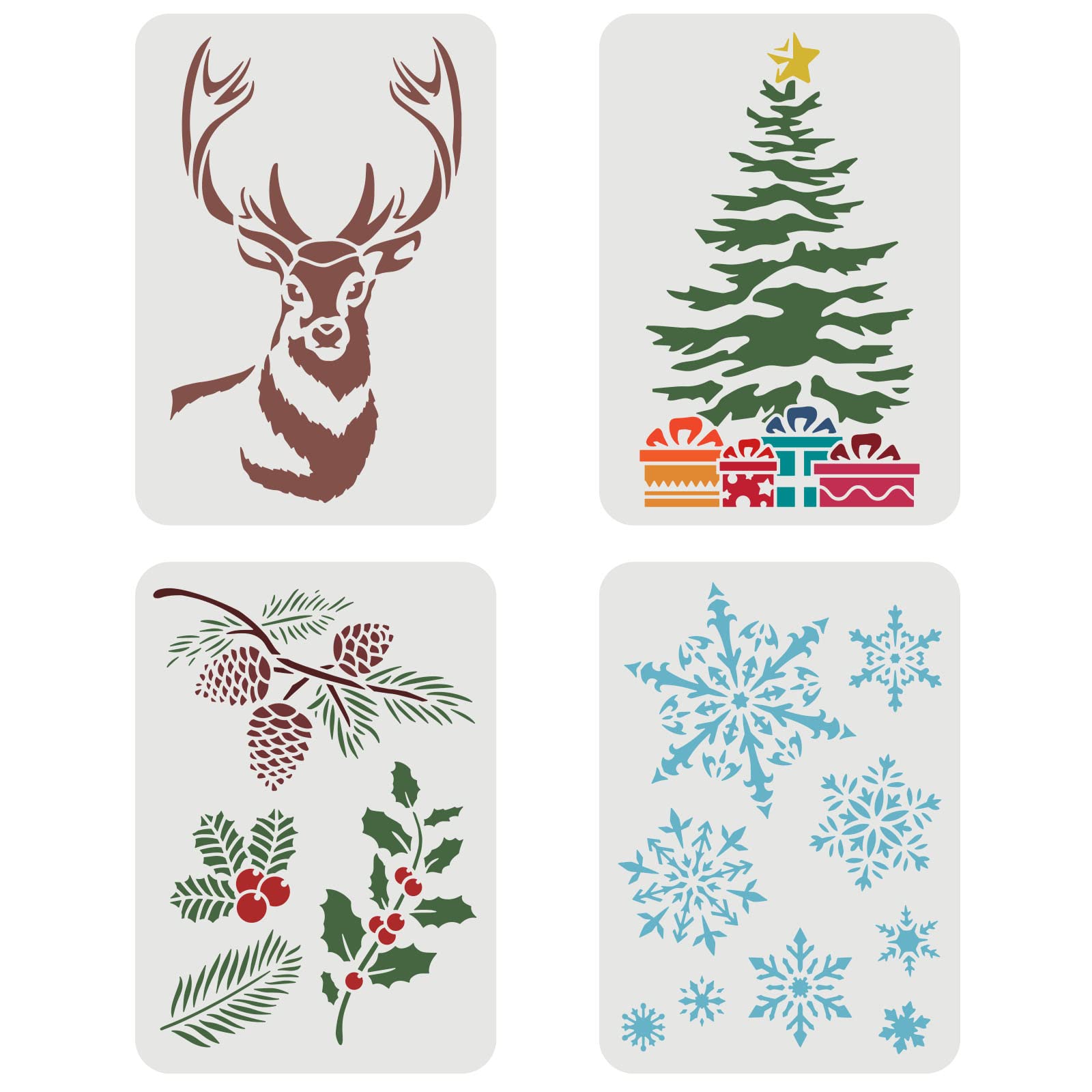 FINGERINSPIRE 4 Pcs Christmas Decor Stencil 29.7x21cm Snowflakes Stencil Plastic Christmas Tree European Holly Pattern Stencils DIY Home Deer Stencils for Painting on Wood Floor Wall
