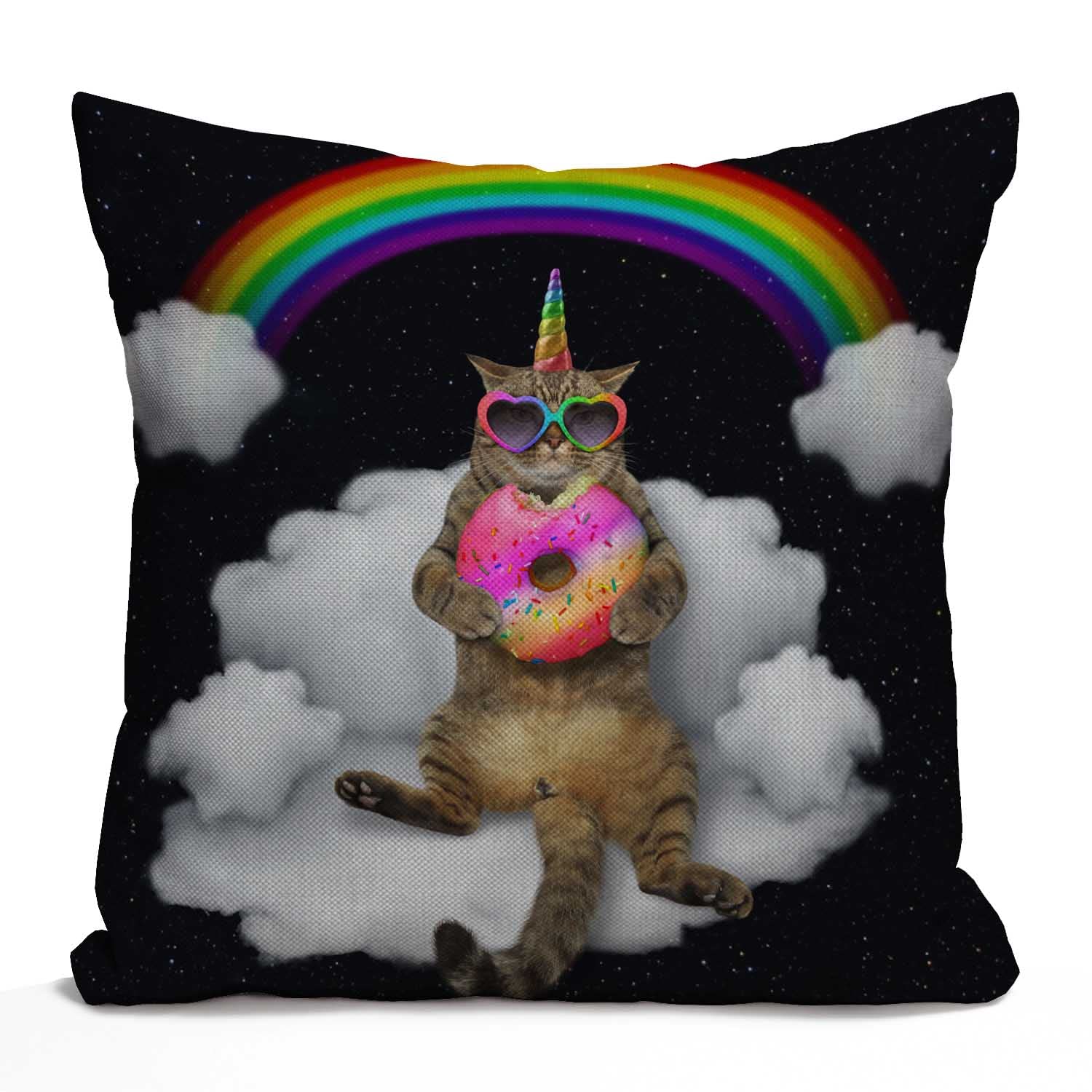 Tomda Space Unicorn Cat Decorations Cushion Cover Hipster Cat Wear Color Sunglasses Farmhouse Decor Throw Pillow Cases Pillow Cover 45x45cm 18x18 Inch Home Decoration