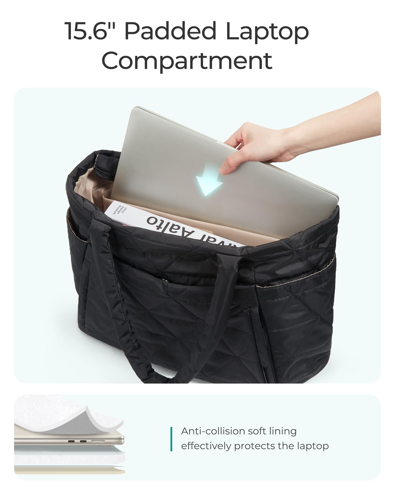 BAGSMART Tote Bag for Women, Puffy Tote Bag with Zipper, Large Quilted Shoulder Bag with Compartments for Travel, Work, Gym