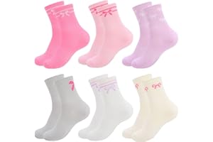 Coumy 6 Pairs Kids Sport Socks with Stripes Hearts Bow for Girls Cotton Crew Sock Soft Casual Stretchy Sock Junior 6-9 years