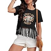 Women Graphic Tees Western Shirts Vintage Cowgirl Fringe Shirt Country Concert Tops Short Sleeve