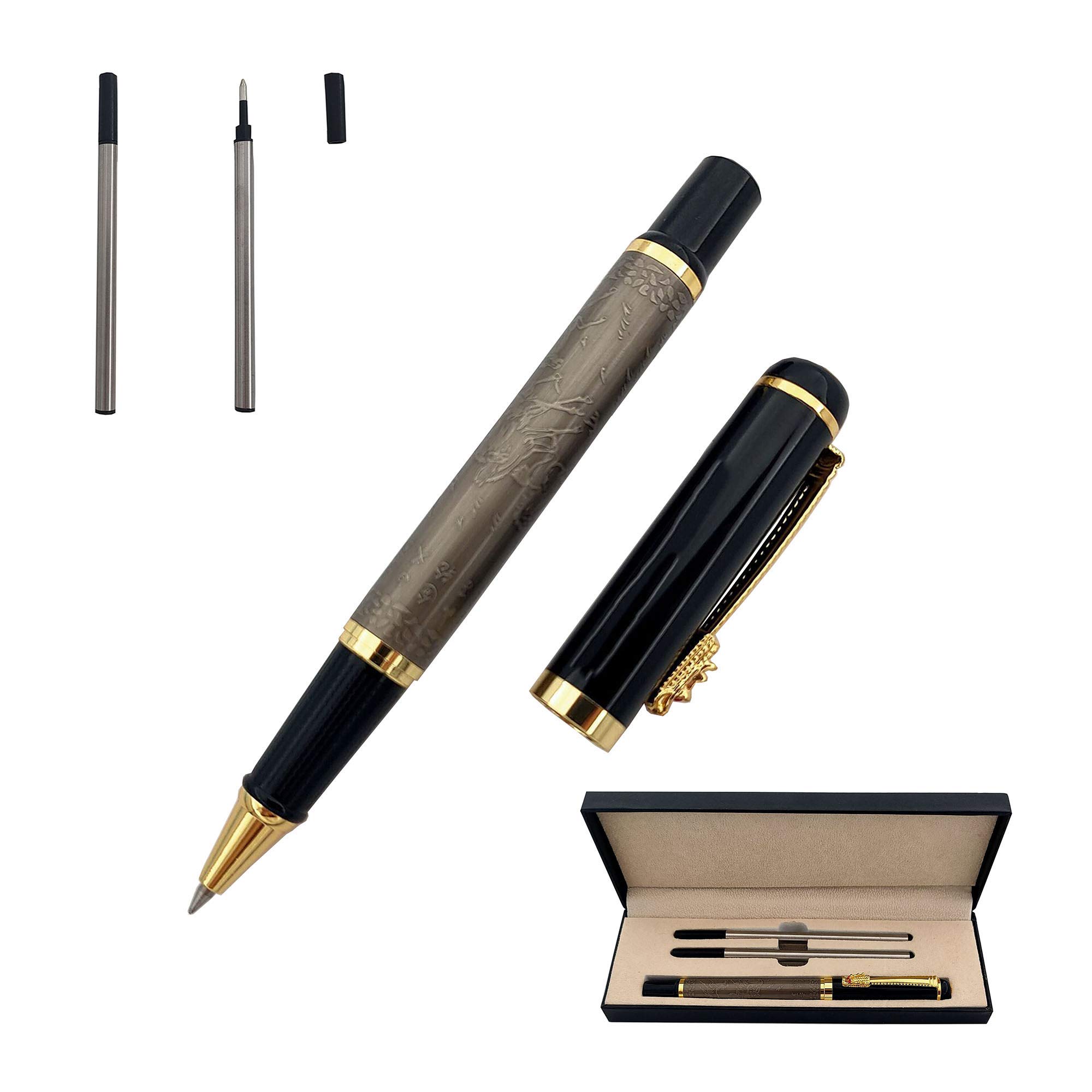 Accod Metal Rollerball Pen Business Signature Pen Fluent Writing Pen with Two 0.5mm Black Refills Gift Box Smooth Writing and Fine Point(Silver)