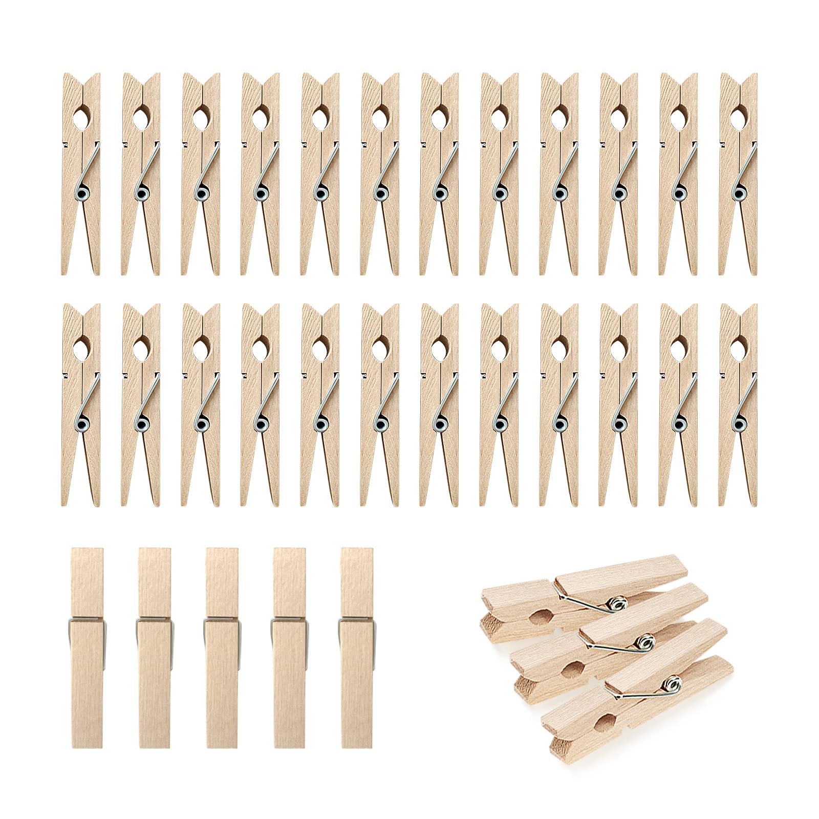 AIEX 100pcs Mini Wooden Pegs Clips, 3.5cm Wood Clothes Pins Bulk with Spring Photos Craft Clips Wooden Paper Pegs for Home School Office Arts Crafts Decoration