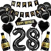 28th Birthday Decorations Set Women and Men, Black Gold 28 Birthday Decoration Balloon, 28th Party Supplies Including Banner, Shoulder Strap and Wine Bottle Balloon