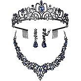 BriLove Alloy Crystal Teardrop Cluster Statement Necklace Clip-on Earrings Tiara Set