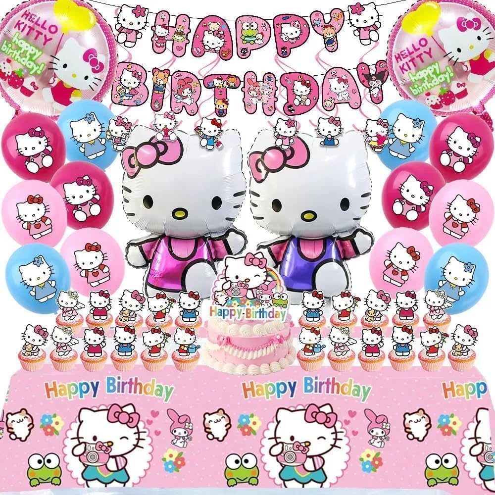 49Pcs - Kitty Birthday Party Decorations Set, Pink Theme with Banner, Balloons, Tablecloth, Cake Toppers..。