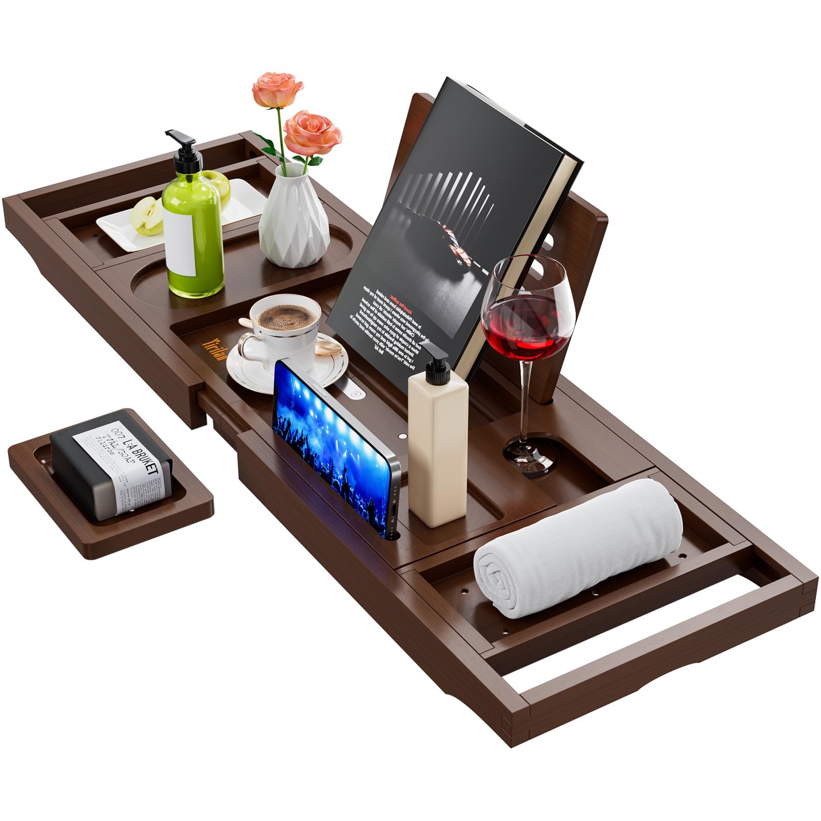 Photo 1 of Yirilan Foldable Bamboo Bathtub Tray Caddy, Bathtub Tray, Can Place Wine Glasses, Books, Mobile Phones Multifunctional Bath Tub, Suitable for Gifts in Various Festivals, Brown