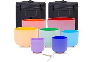 Sevenbowls 432HZ Set of 7 Colored Crystal Singing Bowls of Meditation 6-12 Inch Sound Bowl for Yoga, Chakra Healing,2PCS Travel Carry Case Bag1pcs Rubber Mallet 1pcs crystal mallets