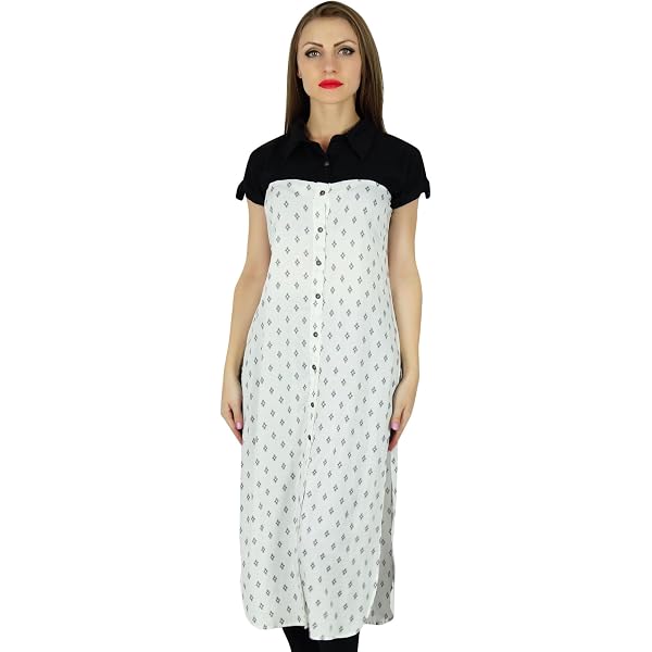Bimba Women's Cotton Kurti Tunic - White & Black Printed, Short Sleeve, 46" Length, Casual Summer Blouse, Day Wear - View #5