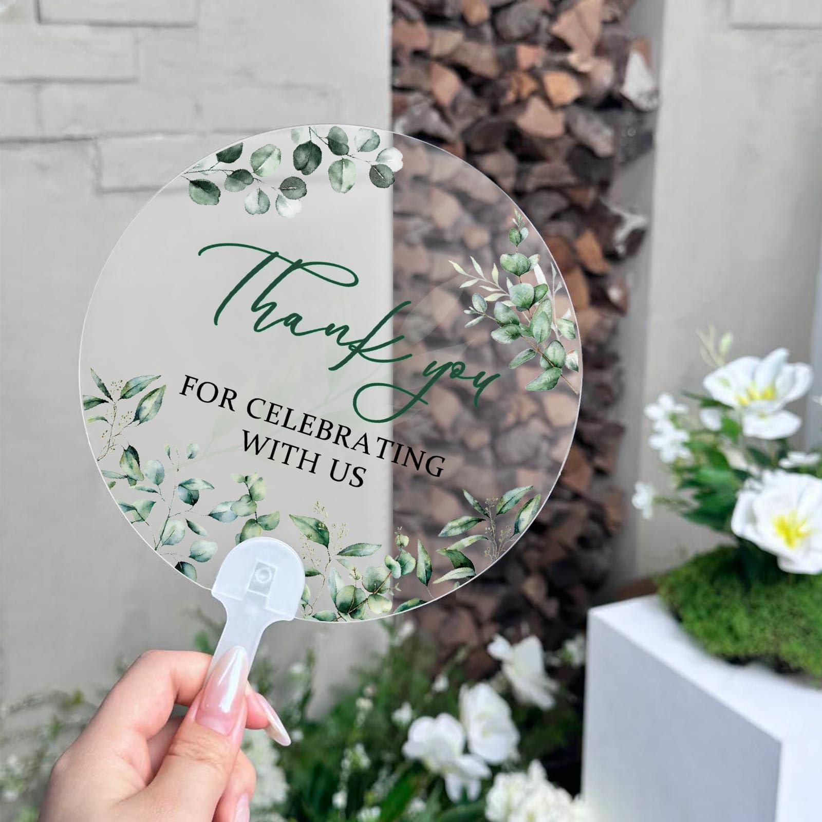 Photo 1 of Geelin 50 Pcs Wedding Fans Clear Eucalyptus Thank You Wedding Fans Acrylic Bridal Shower Baby Shower Handheld Favor for Guests Summer Bridesmaid Gift for Hot Outdoor Ceremony
