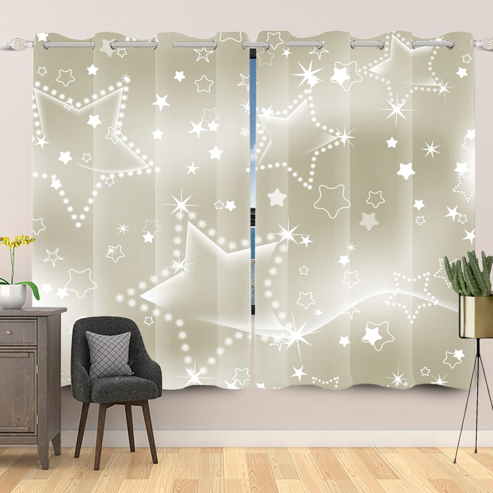 SDOTPMT 107x215cm Cute Star Window Curtain Abstract Sparkling Pentagram Window Drapes Geometric Print Window Treatment for Boy Girl Bedroom Thermal Insulated Blackout Curtain, 2 Panels