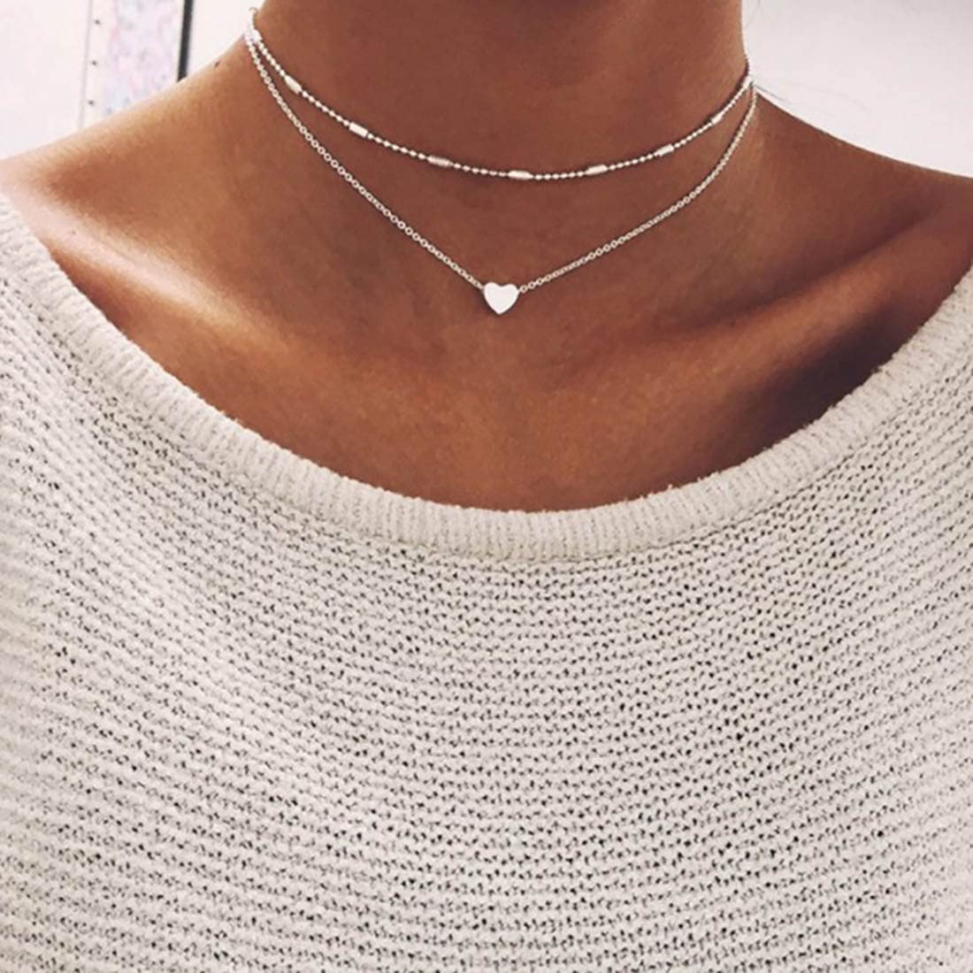 Prosy Layered Boho Heart Pendant Necklaces Silve Choker Necklace Chain Adjustable Jewelry for Women and Girls