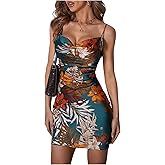 Floerns Women's Summer Spaghetti Strap Cowl Neck Satin Mini Tropical Dress