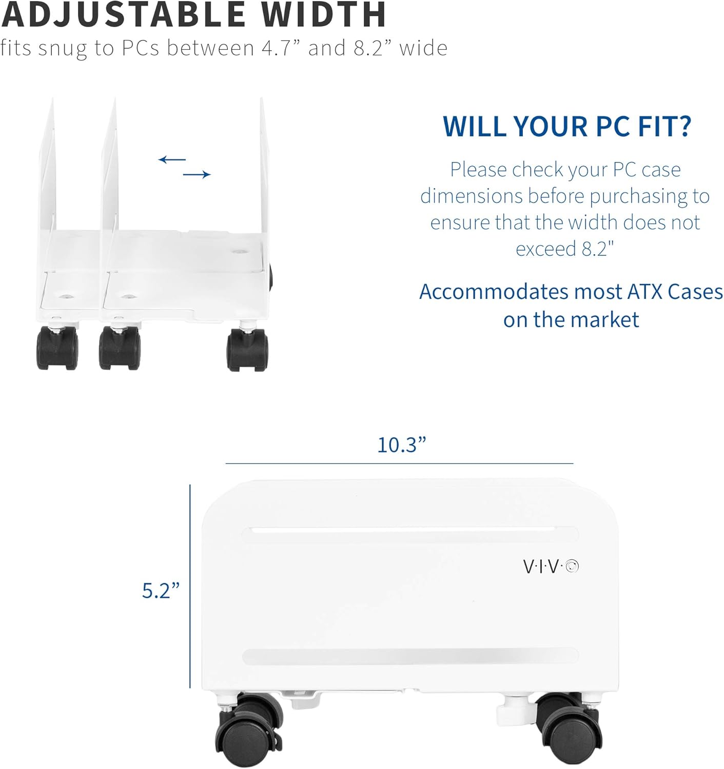 VIVO Computer Tower Desktop ATX-Case, CPU Steel Rolling Stand, Adjustable Mobile Cart Holder with Locking Caster Wheels, White (CART-PC01W) : Office Products