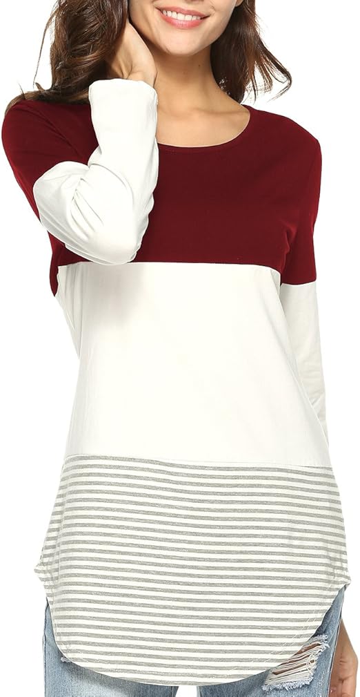 Aliex Women's Tunic Top Casual Long Sleeve T-Shirt Color Block Red M