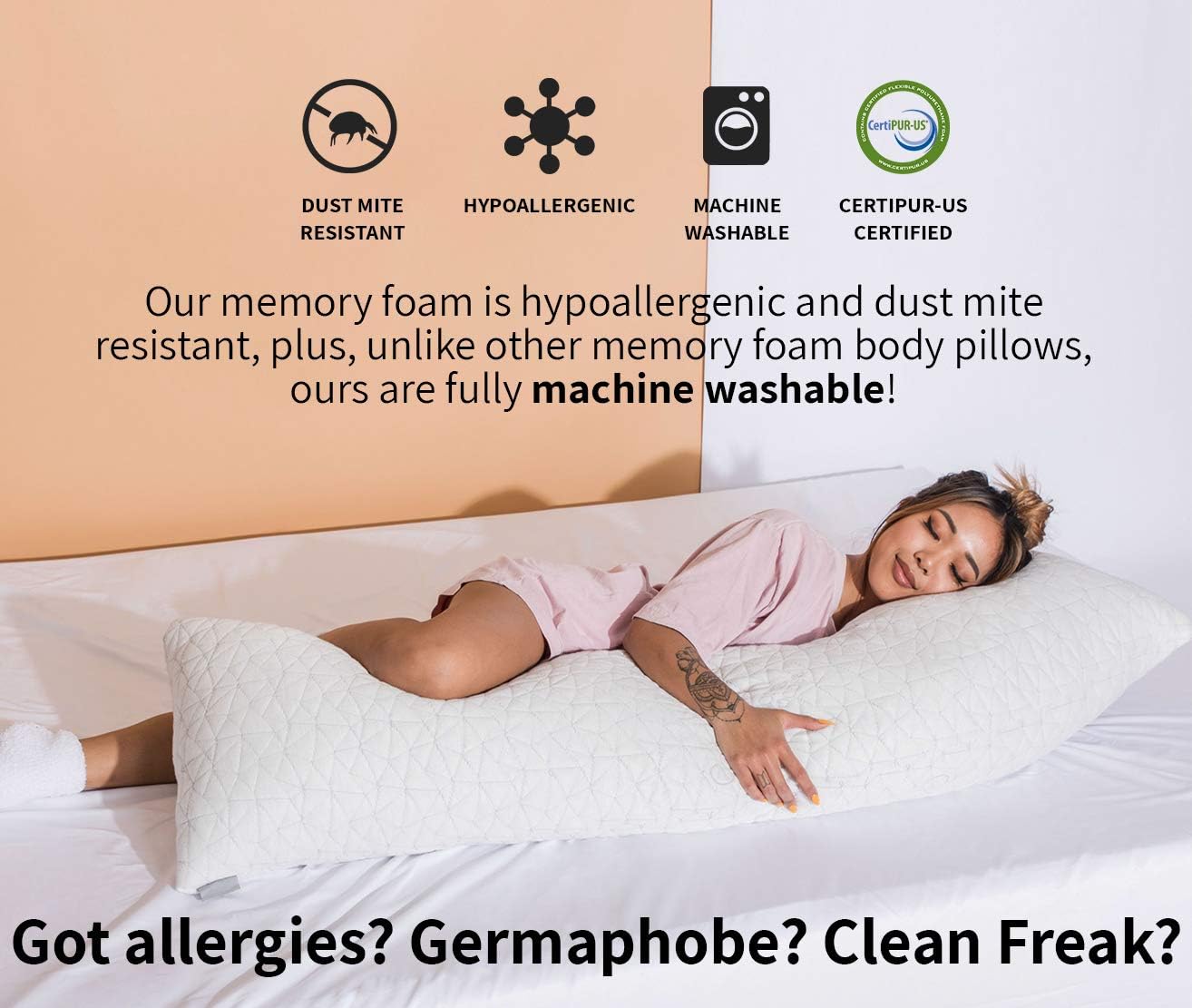 Coop Home Goods - Adjustable Body Pillow - Hypoallergenic Cross-Cut Memory Foam – Perfect for Pregnancy - Lulltra Zippered Washable Cover - CertiPUR-US and GREENGUARD Gold Certified - 20x54: Home & Kitchen