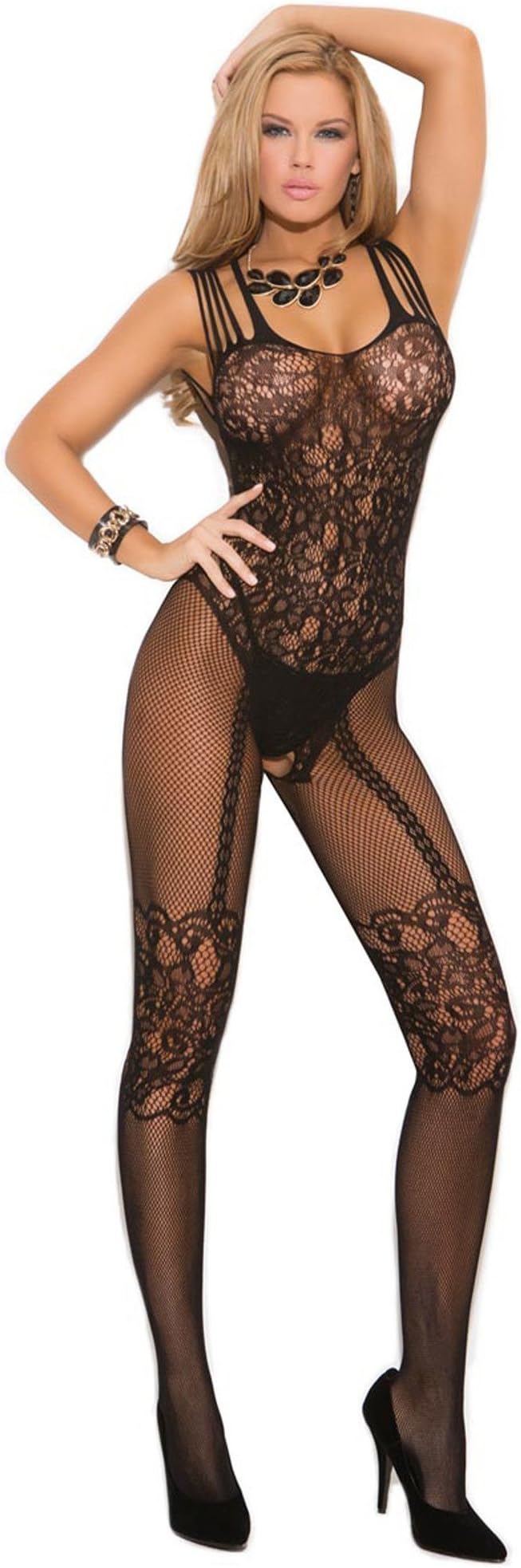 Plus Size Full Figure Fishnet and Lace Bodystocking- Fits Size 14-18 Black