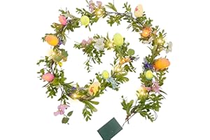 Gudegou 6FT Easter Garland for Mantle, Spring Garland with Eggs Flowers, Lighted Faux Greenery with Timer for Summer Fireplace Outdoor Decorations