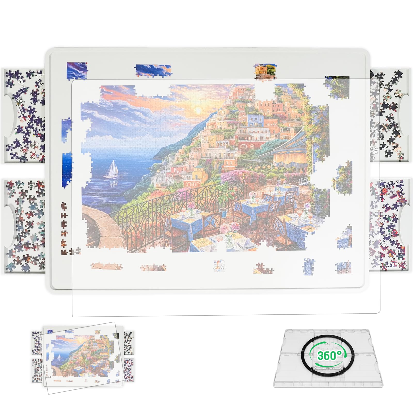 BuilderButler Lightweight 1000 Pieces Rotating Puzzle Board with 4 Sliding Drawers and Cover – 360° Lazy Susan Spinning, 30.2"x22.44" Portable Plastic Puzzle Table, for Mom