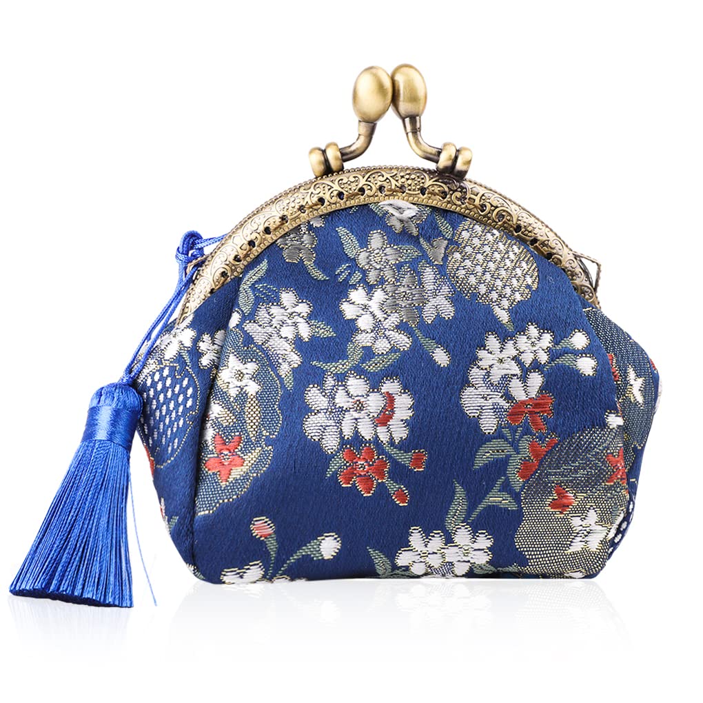 Oyachic Coin Purse Buckle Clasp Purses Kiss Lock Bag Vintage Pouch Girl Change Purse Clasp Handbags Flower Wallets for Women (Blue)