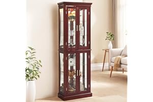 Firscook Cherry Wooden Display Cabinet with Lighted Glass Shelves, Vintage Accent Storage with 6 Adjustable Shelves, 70" Curio Cabinet