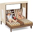 Costzon Kids Lounge Chair Outdoor, Wood Double Seat Chaise Lounge with Canopy, Cup Holders, Cushion, Backrest Recliner, Kids Patio Furniture, Gift for Boys Girls 3-8 Years Old