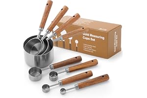 Measuring Cups and Spoons Set with Wood Handles, Premium Stainless Steel Measuring Spoons and Measuring Cups Set 8 Pcs (Silve